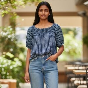 Lucky Brand Boho Top Sz L Hippie Cotton Navy/White Vacation Resort Cruise Summer